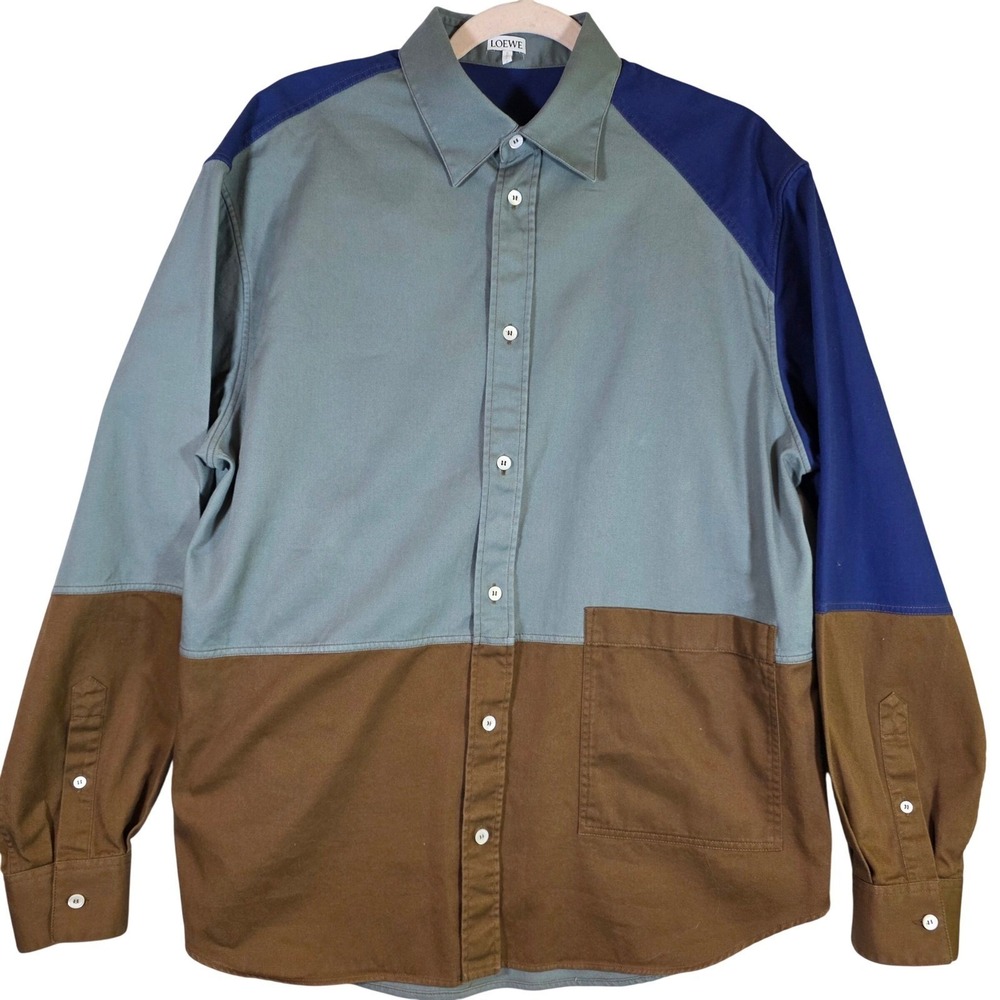 LOEWE Anagram Mens‎ Navy Patchwork Cotton Button Front Shirt Luxury Italy Made